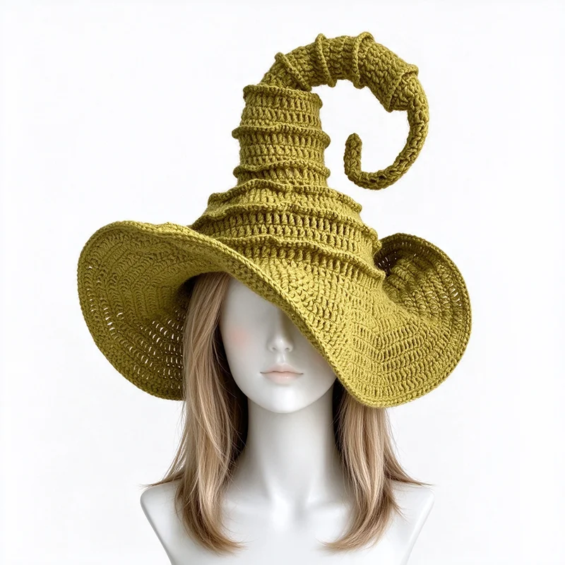 Handmade Pure Wizard Witch Hat Men Custom Crochet Curely Pointed Knitted Pixie Beanie Women Cosplay Festival Party Accessory