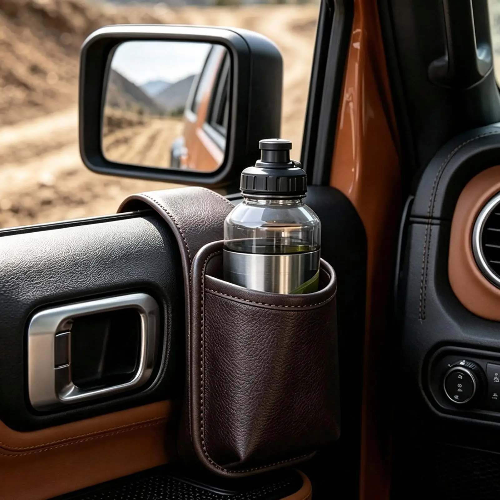 car Window Cup Holder Multifunctional Secure Easy Clip PU Leather Car Door Panel Coffee Mug Storage For Commute Travel Highway