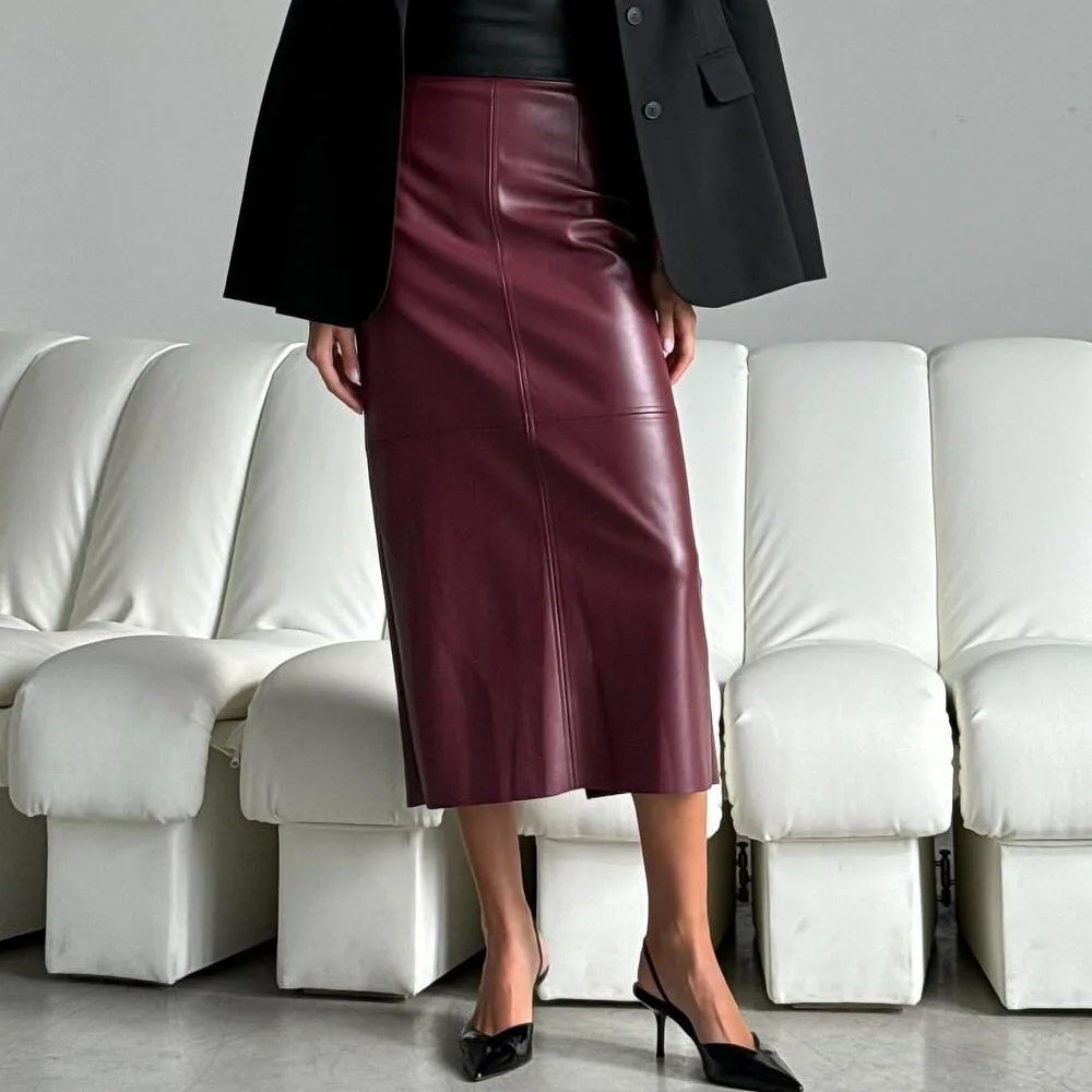 Winter New High-waisted and Thin Split Skirt PU Leather Medium and Long Hip Skirt