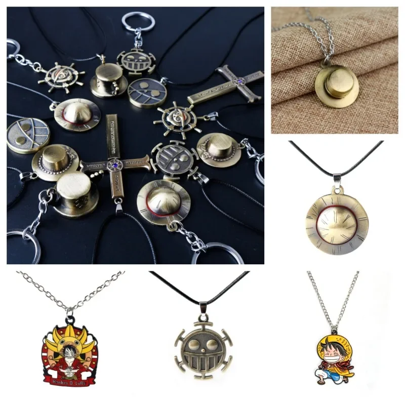 

One Piece Luffy Necklace Metal Cartoon Anime Skull Leather Rope Metlal Pendant Toy Straw Hat Decoration Accessories Kid Gifts