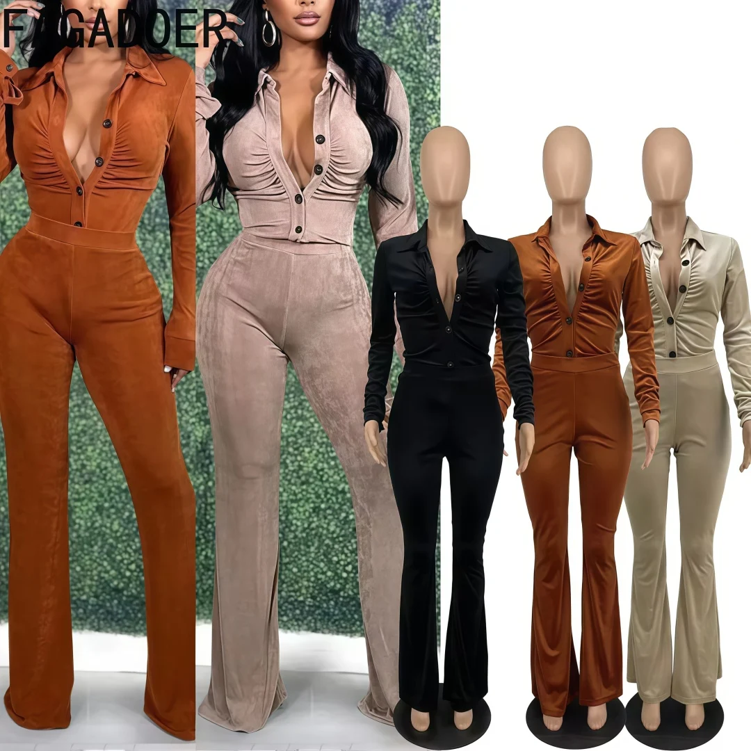 FAGADOER Casual Women 2-częściowy zestaw strój guziki Ruched Patchwork krótki top i spodnie Flare garnitur damska odzież uliczna 2025