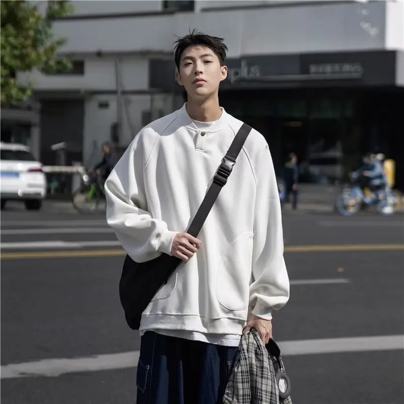 2025 Autumn New Men's Solid Round Neck Long Sleeve Hoodie Sweatshirt Korean Fashion Oversized Loose Pullover Tops Streetwear Men