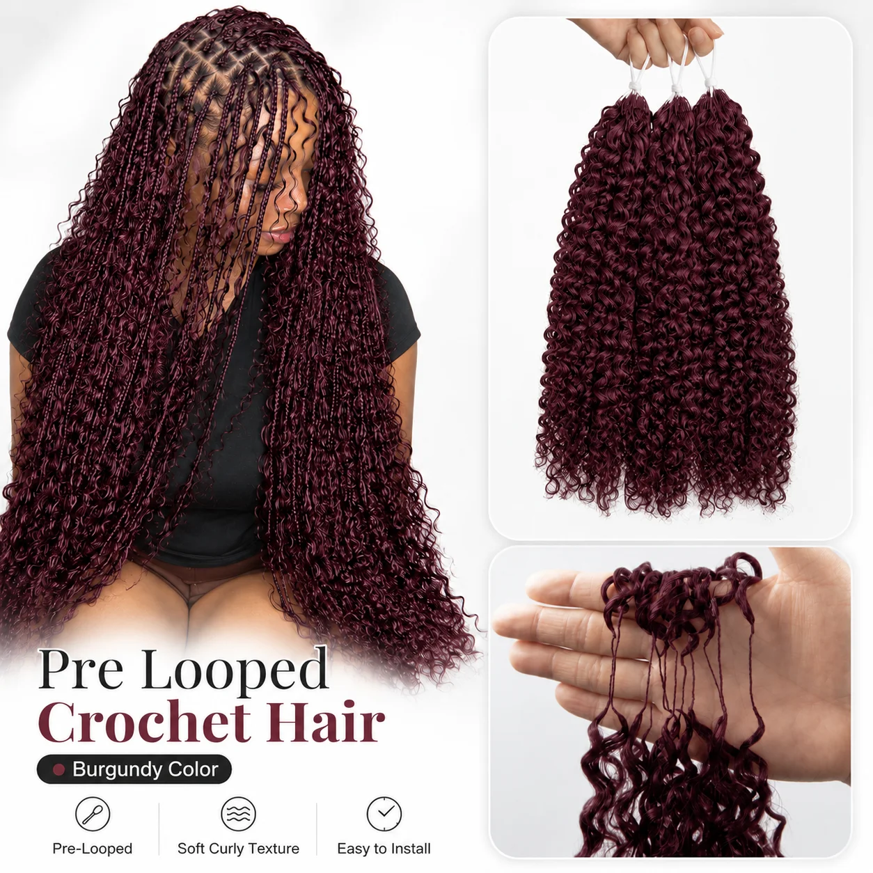 Extensions de cheveux humains bouclés crépus bordeaux au crochet avec nœuds miracle pré-bouclés, tresses bohèmes douces pour femmes noires