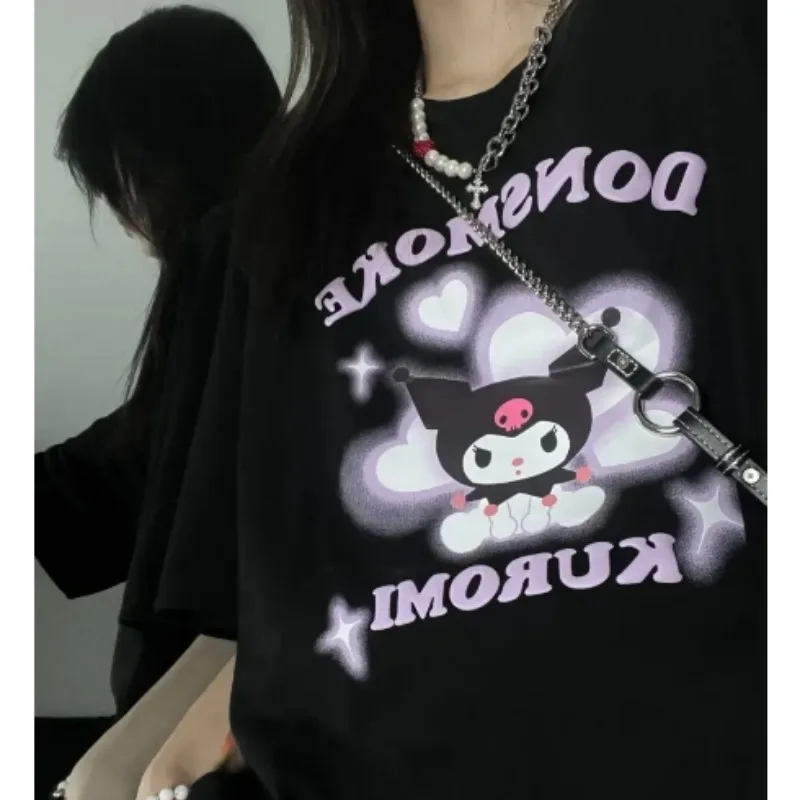 

Summer Vintage Cartoon Kuromi Print Loose Harajuku Short Sleeve Black T-shirt Women's Tee Couple Tops Aesthetic Graphic T Shirts