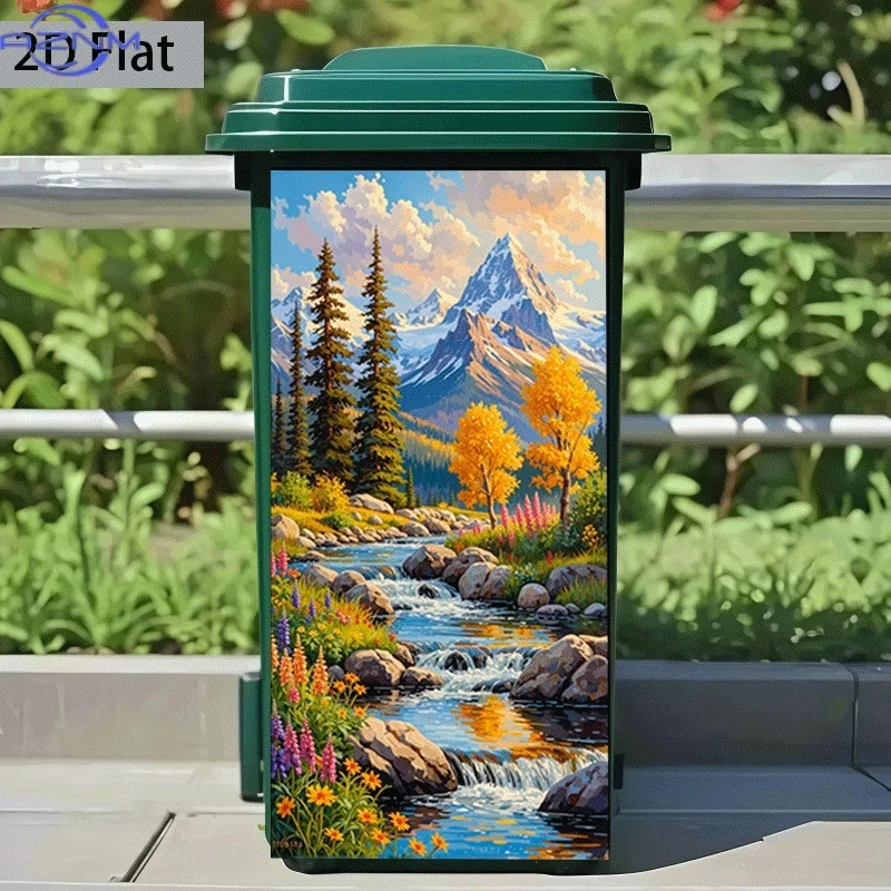 2D Flat Printing 1pc Trash Can Sticker, Autumn Creek Reflecting Snowy Mountain Themed Design, Self-Adhesive Wall Decal Wallpap