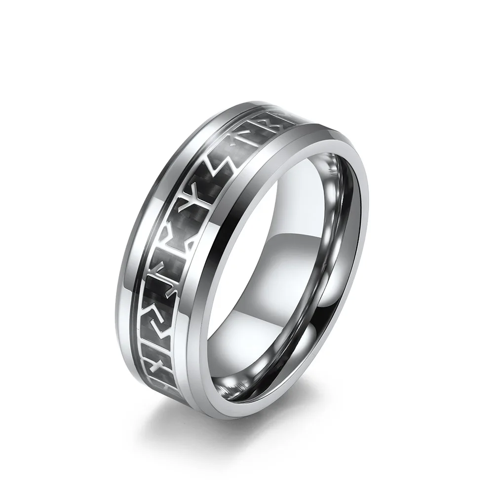 8MM Nordic Viking Futhark Runes Words Rings Stainless Steel Ring Finger for Men Party Jewelry