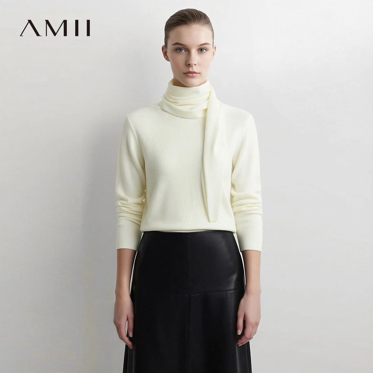 Amii Pullover Scarf Collar Raglan Long Sleeve Sweaters 2026 Autumn Elegant Modern Office Casual Knitted Soft Women Tops 12623083