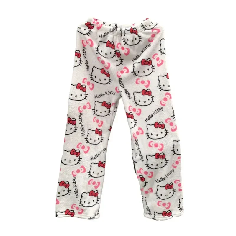 Flannel Pajamas Hello Kitty Thickened Fleece Warm Casual Home Pants Women\'s Autumn Winter Cartoon Hip Hop Trousers