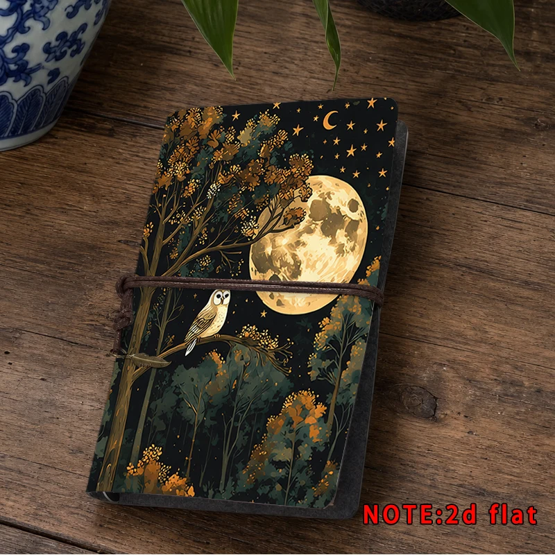 Night Moon Owl Forest Print Notebook Hardcover Elastic Band Travel Journal Diary Notepad Planner Office School Stationery Gift