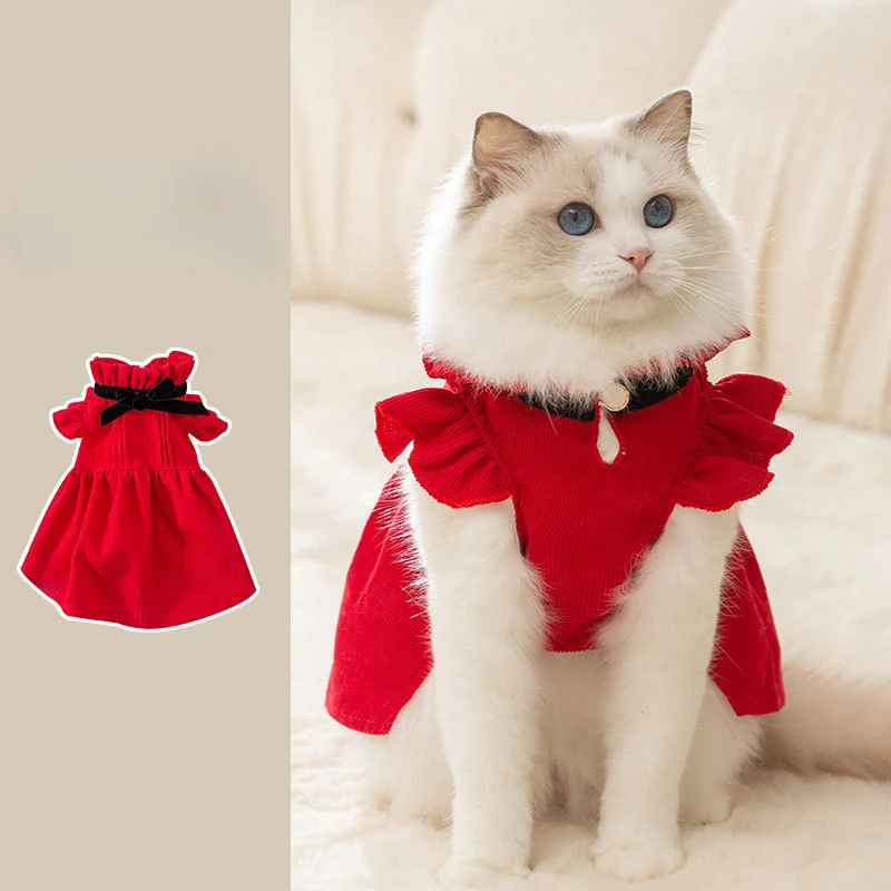 Cat Autumn and Winter Princess Style Retro Dress Dog Celebration Christmas Dress Pet New Year Clothes