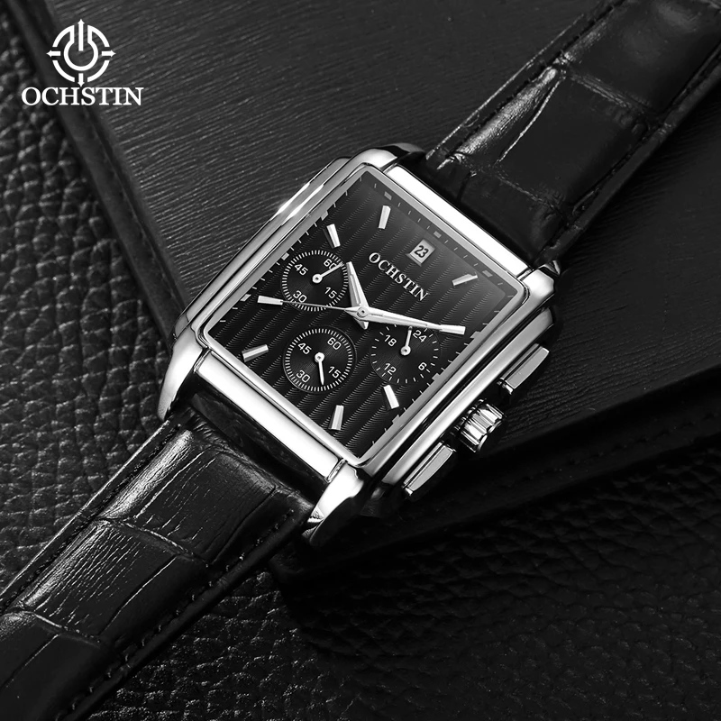 OCHSTIN Elegant Comfortable Leather Strap Man 38*40mm Alloy Case Multifunctional Quartz Movement Wrist Male Business Clock