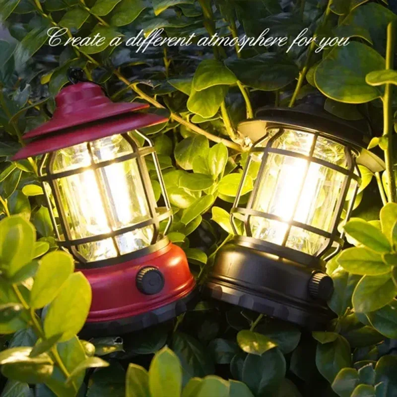 2Pack Camping Lantern USB Rechargeable Battery Powered Retro Camping Light Waterproof Hanging LED Tent Lamp for Hiking Fishing