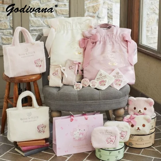 

Japanese Style New Cute Mesh Bow Plush Tote Bags Women's Sweet Portable Cosmetic Bag Satin Shoulder Bags