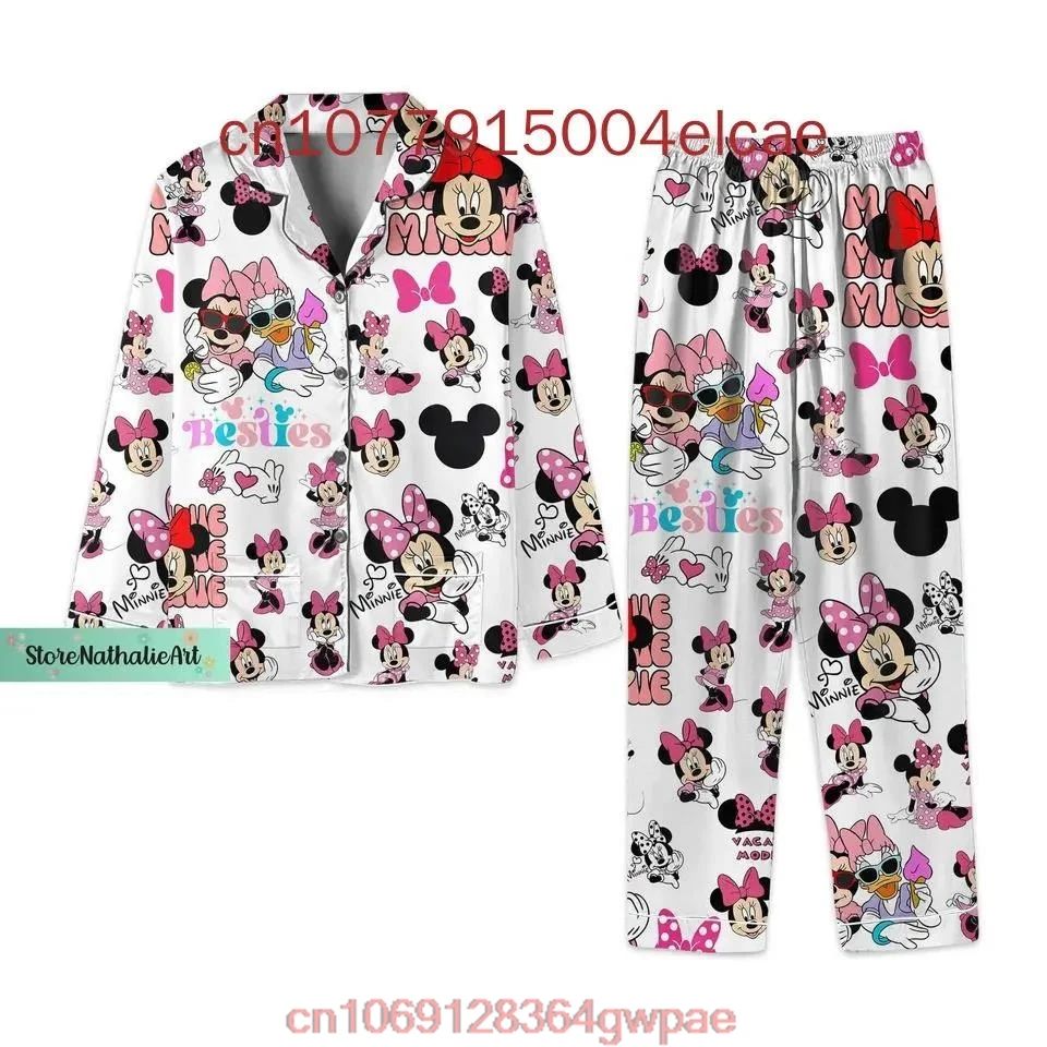 Disney Minnie Christmas Pajamas Set Minnie Mickey Holiday Fashionable Casual Men's and Women's Long Sleeved Shirt Pajama Set