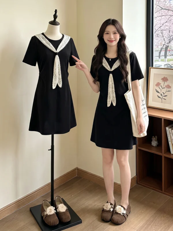 

Black Lace Shoulder Shawl Dress Midi Length Summer New Style plus Size Women Short Sleeve High Waist Korean Style Commute Dress