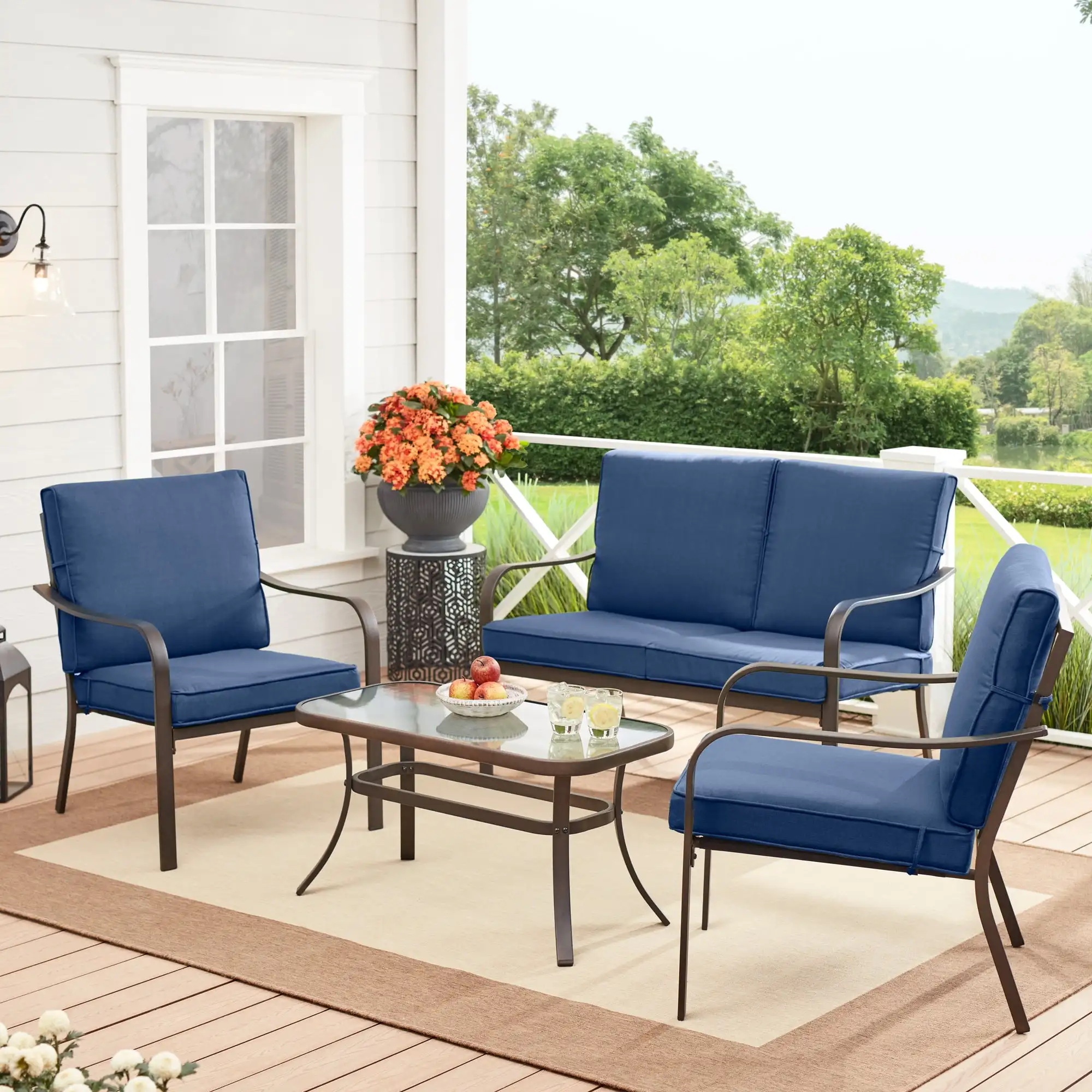 

Stanton 4-Piece Outdoor Patio Conversation Set Durable Steel Frame for A Long Life Tempered Glass Top Coffee Table