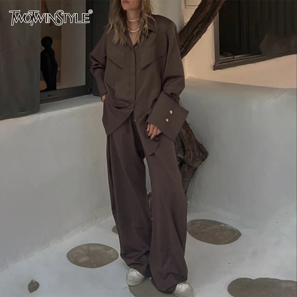 TWOTWINSTYLE Two Piece Set For Women Laple Long Sleeve Top Pockets High Waist Patchwork Elastic Pants Slimming Suit Female New