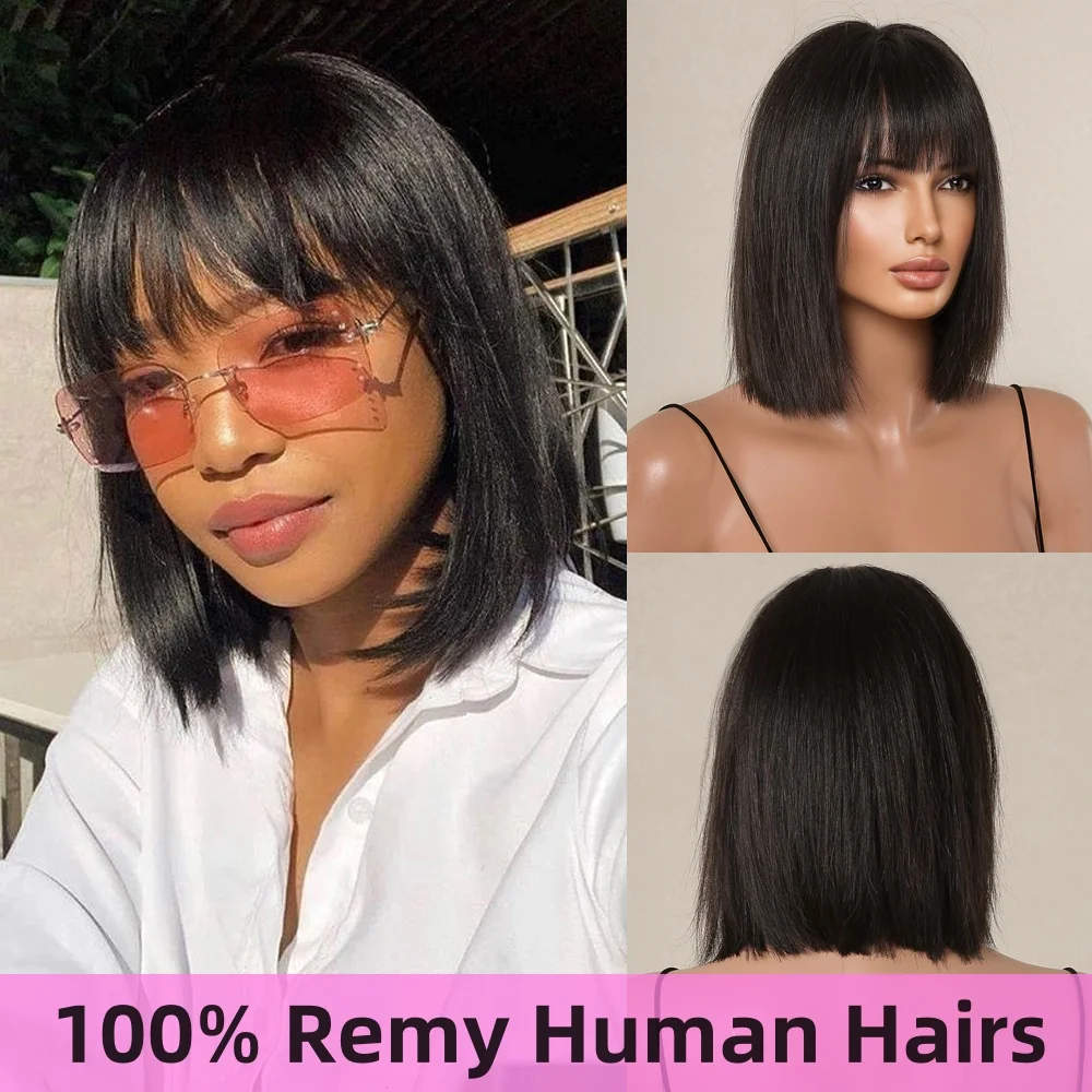 

Black Bob Human Hair Wigs with Bangs Short Straight Natural Looking Remy Human Hair for Women Daily Use Machine Made Human Hair