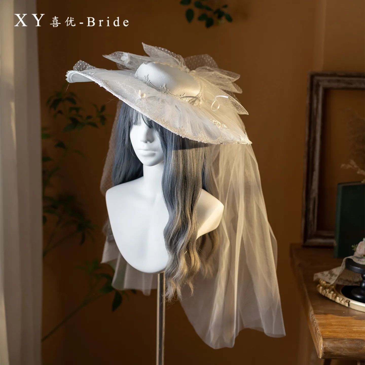 Brand New White Wedding Hat for Women Wide Mesh Flower Fascinator Hat with Long Veil Church Party Bride Fedora Hat Headpieces
