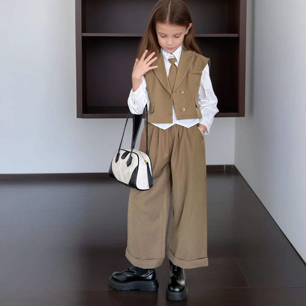 

Girls Suit Trendy Blazer Vest Shirt Wide-Leg Pants 3-Piece School Teen Children Formal Clothes Set Casual Kids Party Outfits