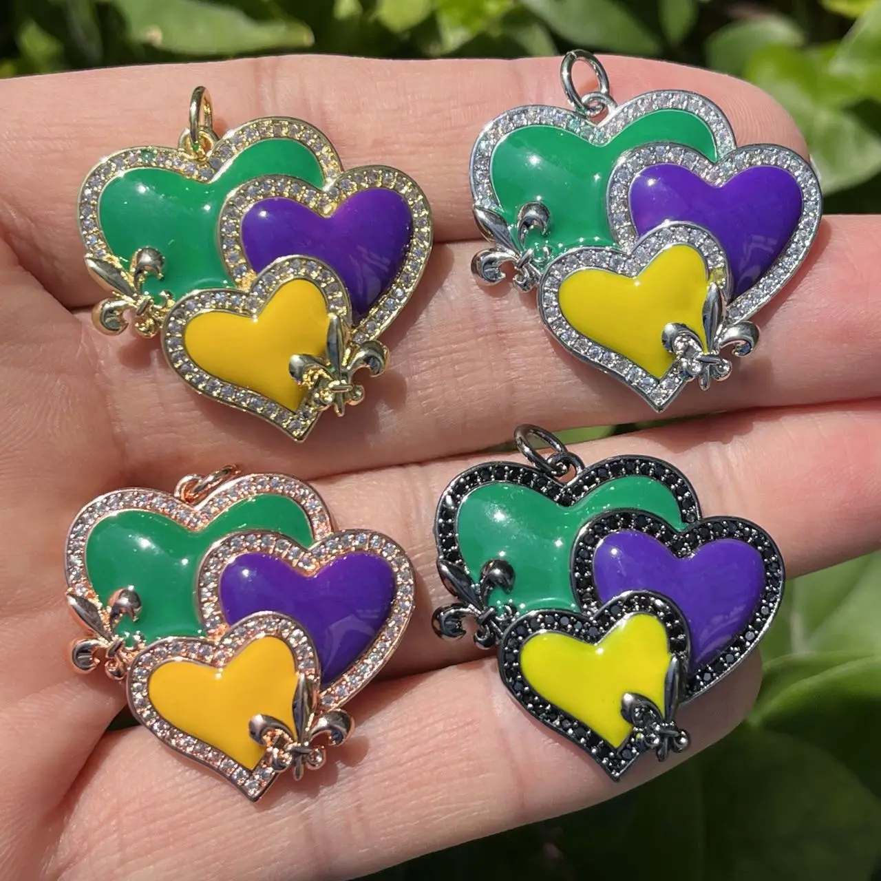 5pcs Mardi Gras Heart Charms Cubic Zirconia Paved Bracelets Pendant for Jewelry Making Accessoires Year 2023