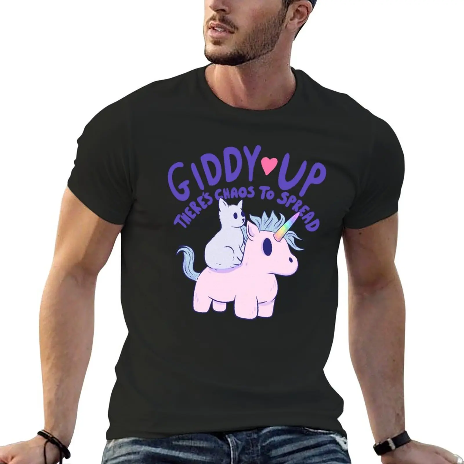 Cute Cat Riding Unicorn - Giddy Up, There’s Chaos to Spread T-Shirt graphic t shirt vintage summer tops men tshirt