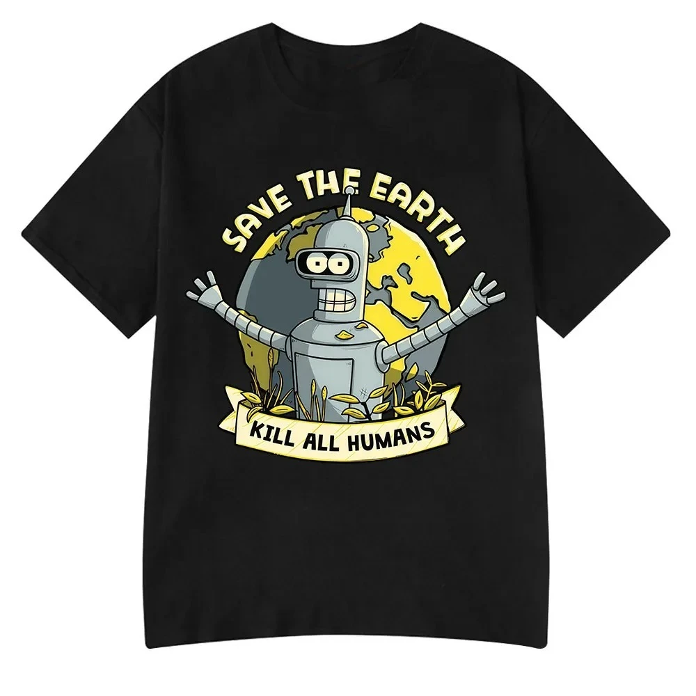 

Funny Tees Save The Planet Kill All Humans Robot Graphic Print T Shirt Men Women Short Sleeve T-shirt Oversized Cotton Tops