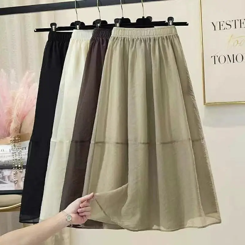 Chiffon Patchwork Solid Color High  Swing A-line Skirt Women High Waist Two Layers Good Quality Casual Lady Skirt