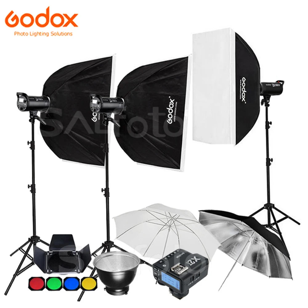 

Godox 3x DE400II 400Ws / DE300II 300Ws +2.4G X2T Transmitter Studio Flash Lighting Kit Photo Strobe Softbox 2.8m Light Stand Set