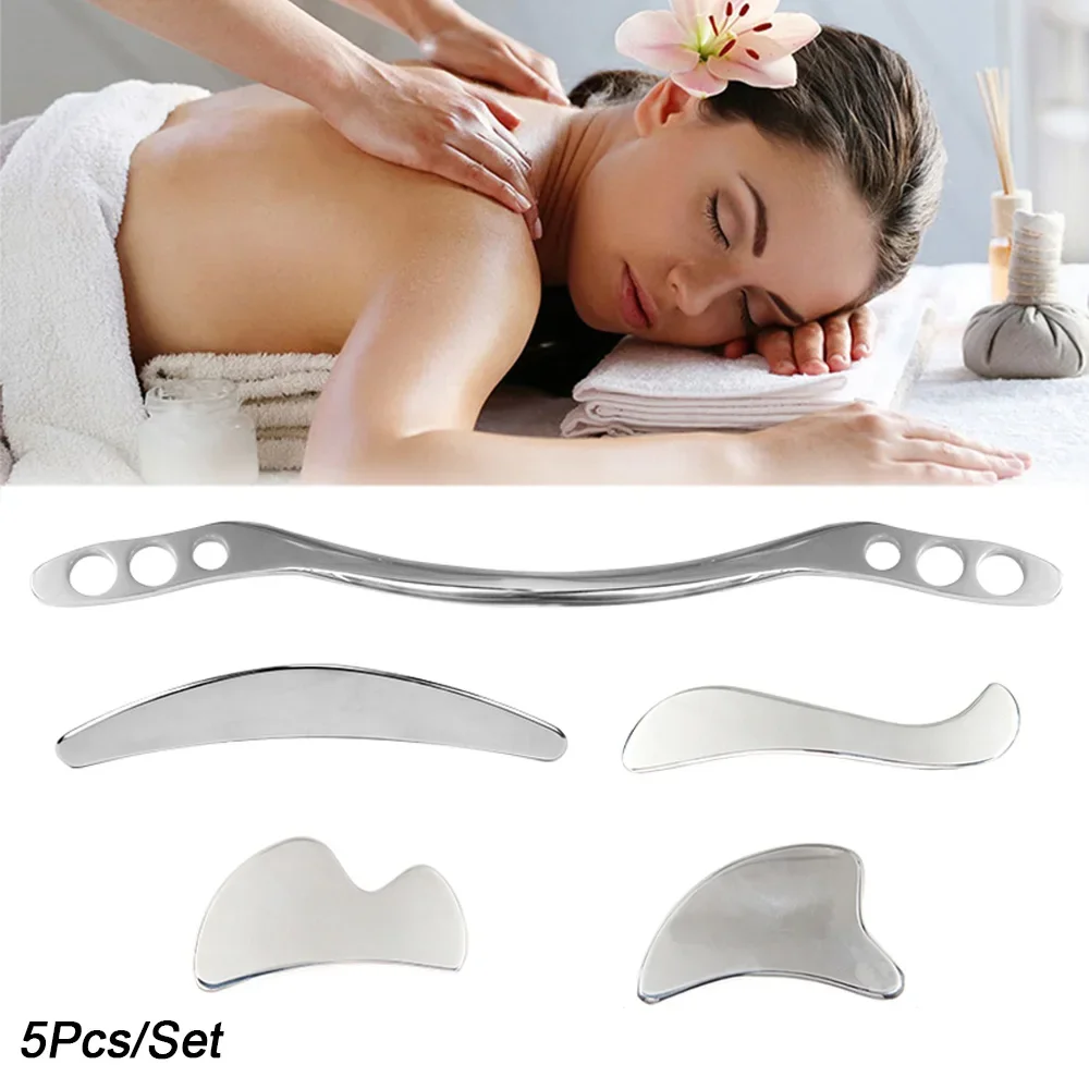 

5Pcs Stainless Steel Gua Sha Scar Tissue Tool Muscle Scraping Tool Guasha Massage Scraper, IASTM Tools, Relieving Muscle Tension