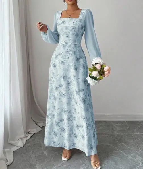 

Autumn Temperament Chiffon Floral Print Long Sleeved Dress with Square Collar and Waist Cinched A-Line Long Sleeved Design