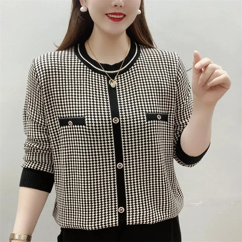 

Women's Sweater 2024 Spring Autumn New High-End Ladies Coat Fashion Houndstooth Round Neck Fashion Joker Small Fragrance Tops