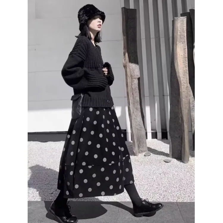 เอวสูงพิมพ์ดอกไม้ f กระโปรงผู้หญิงฤดูใบไม้ร่วงใหม่ Retro Polka Dot Corduroy ยาวสายกระโปรงร่มเดินทาง Sle