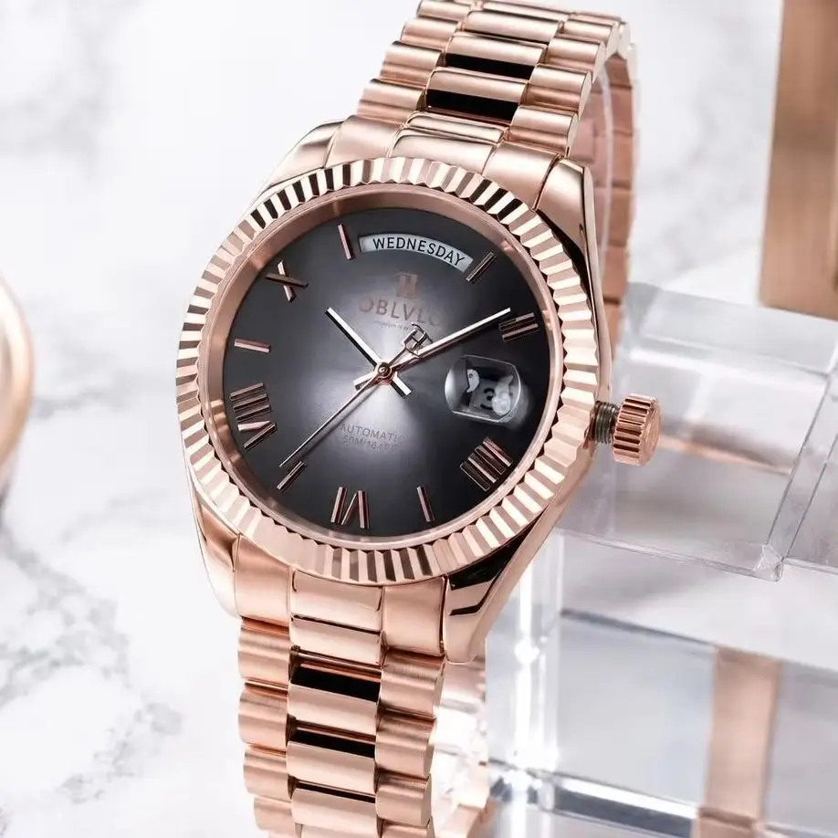 OBLVLO Men Automatic Watch 40mm Classic Mechanical Wristwatch Waterproof Sapphire Luminous Dual Calendar Week Date Miyota 8215