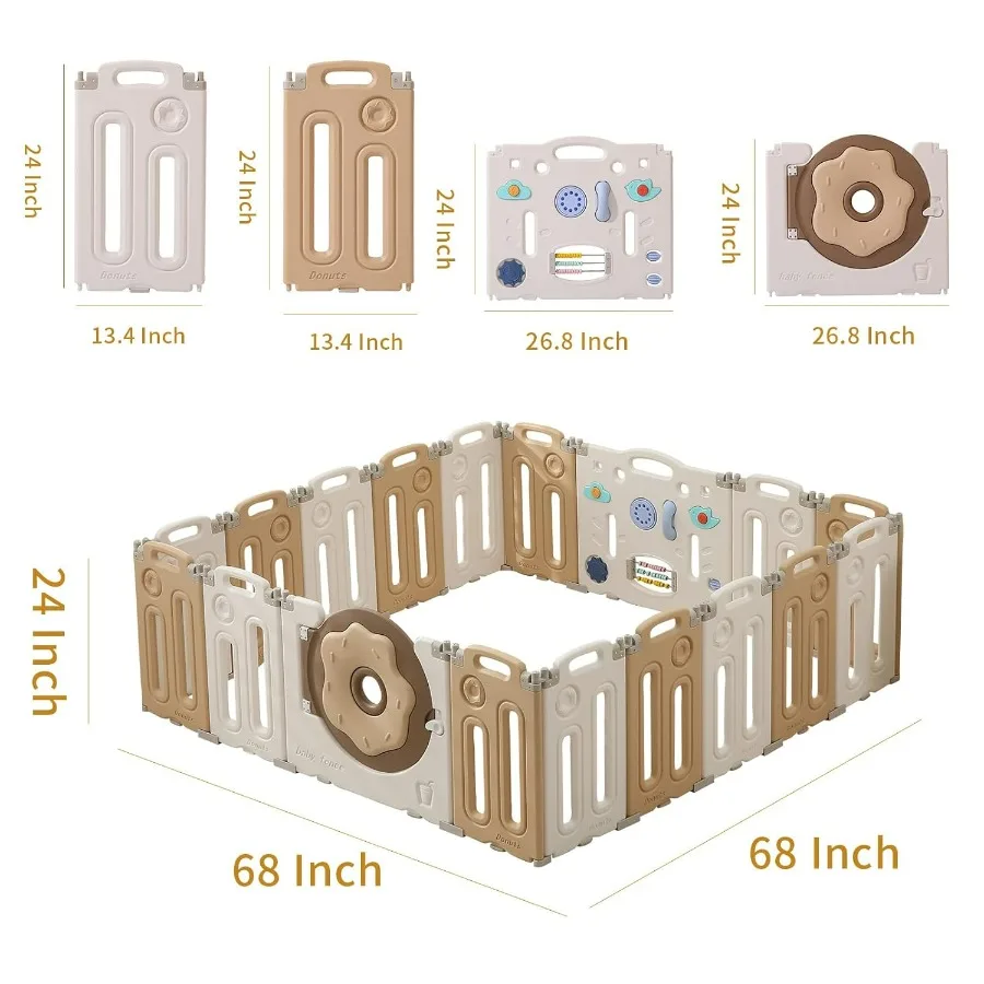 Foldable Playpen for Toddlers, Baby Fence with Game Panel and Safety Gate, Adjustable Play Pens, Portable Kids Play Yards for In