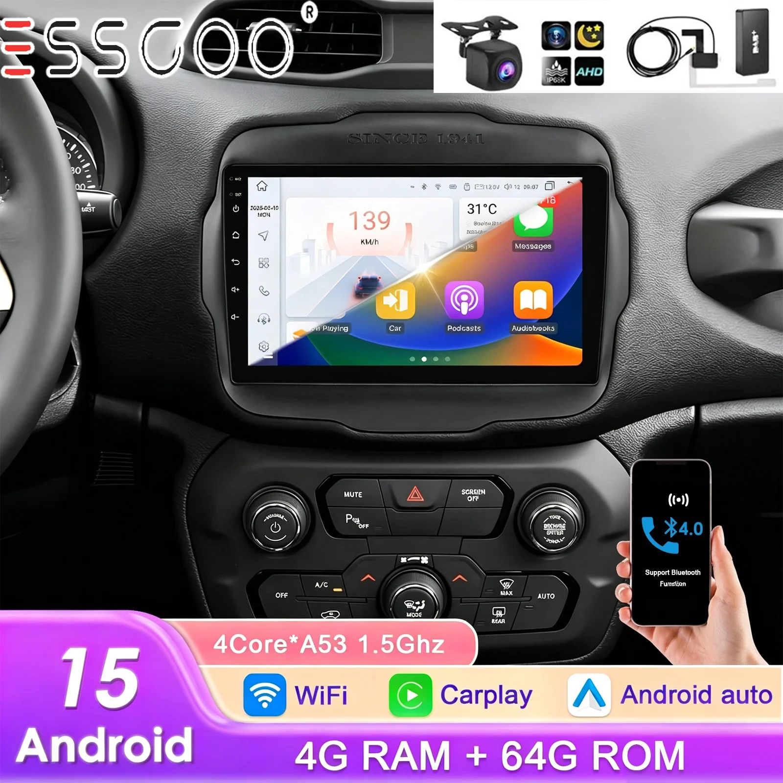 ESSGOO 4G+64G Android 15 Autoradio Kabelloses CarPlay für Mercedes Benz Smart Fortwo 451 Auto-Player GPS WiFi 2-DIN Autoradio +KAM