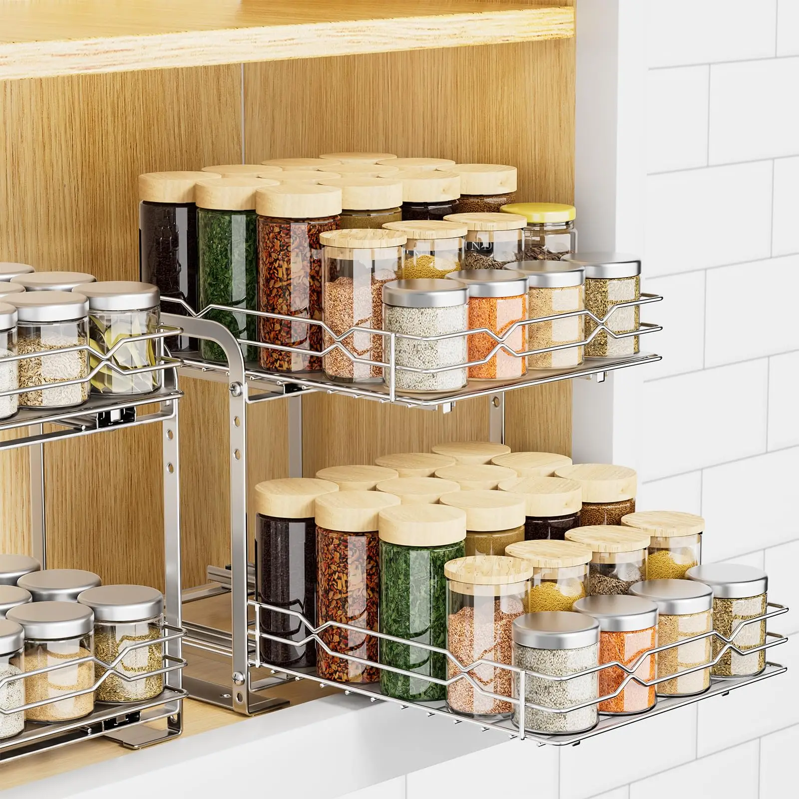 

Stainless Steel Pull out Spice Rack Organizer 2 Tier Adjustable Height Kitchen Storage for inside Cabinet
