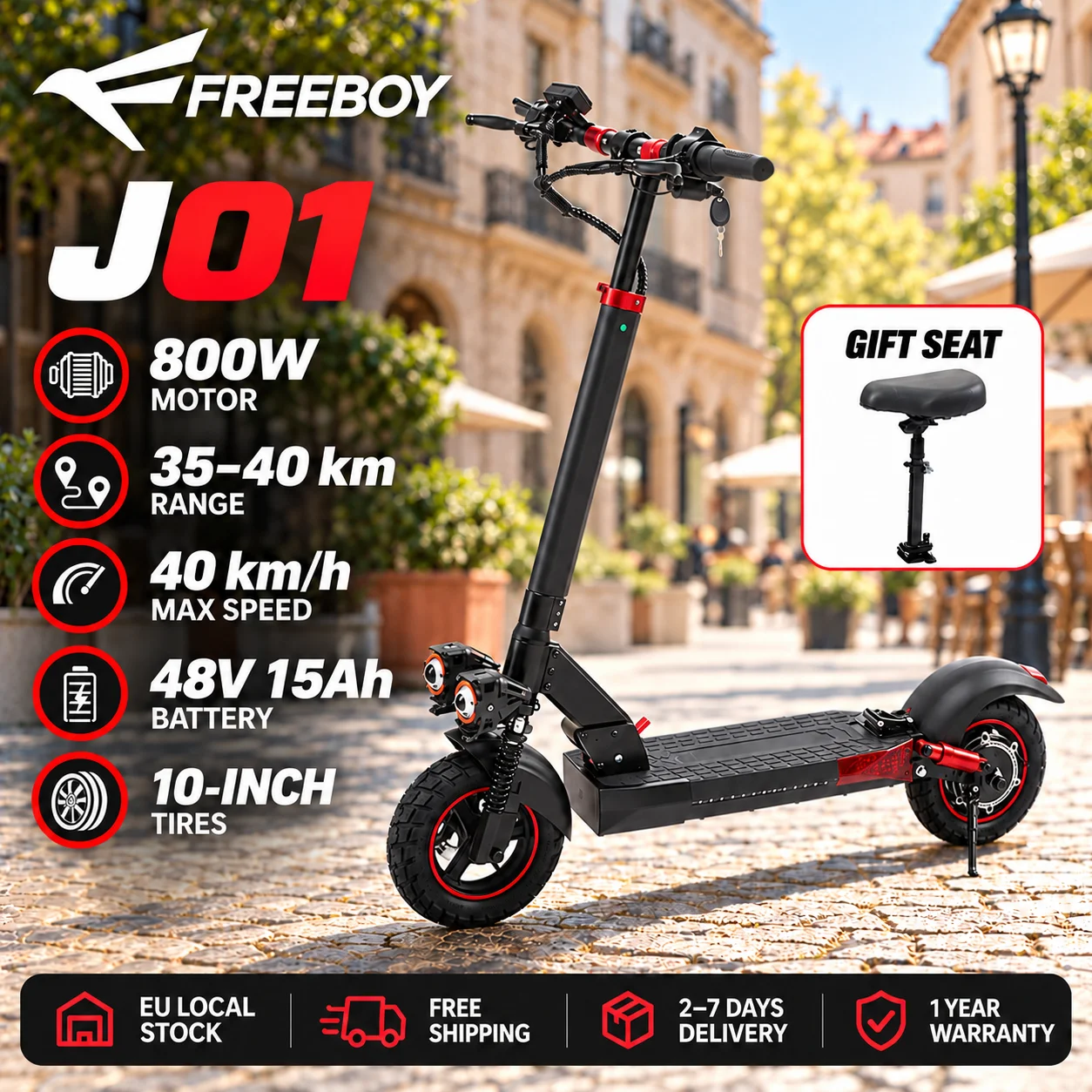 Patinete eléctrico plegable FREEBOY J-01 con asiento para adultos, batería de 800 W y 48 V, 15 Ah, velocidad de 40 km/h, autonomía de 35 a