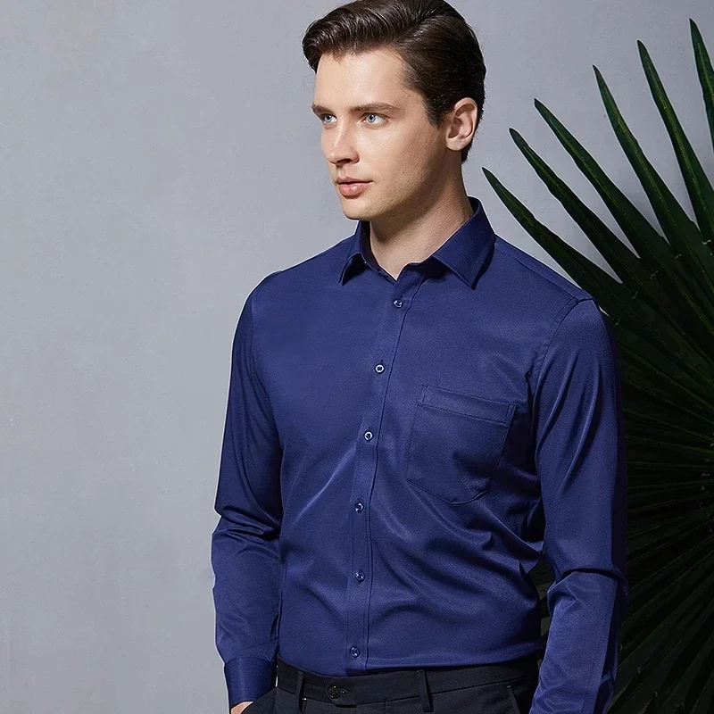 Nowa rozciągliwa, antymarszczowa koszula męska z długim rękawem bawełniana ubranie koszule dla mężczyzn Slim Fit Camisa biznesowa bluzka społeczna biała koszula