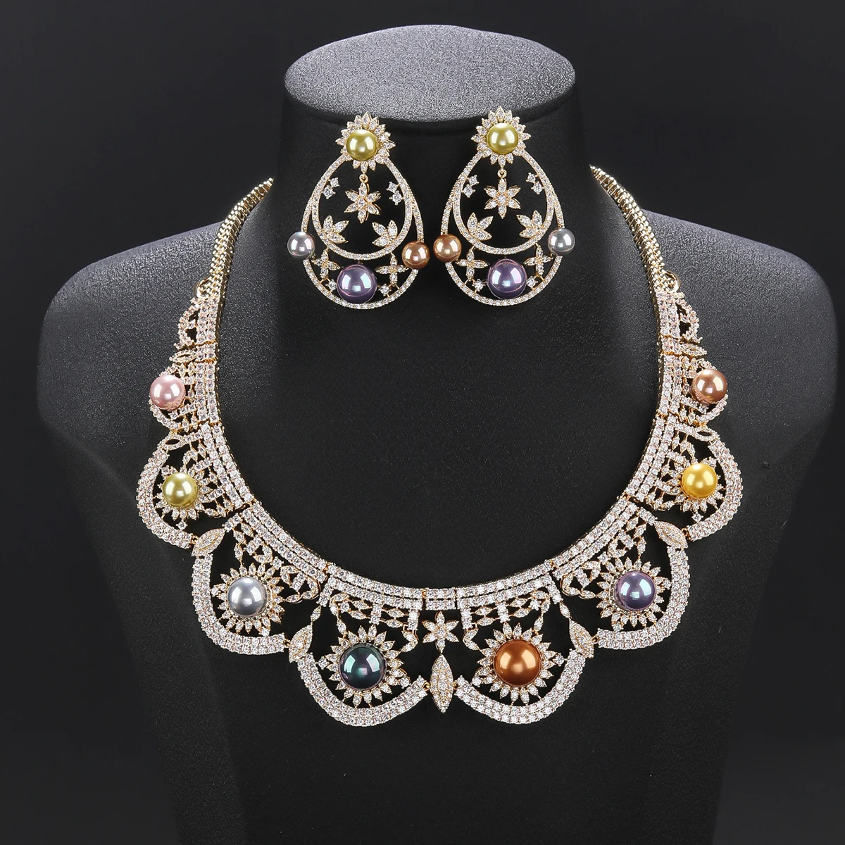 Luxury Cubic Zirconia Colors Pearl Sun Flower Necklace Earrings Jewelry Sets Bridal Wedding Accessories CN11595