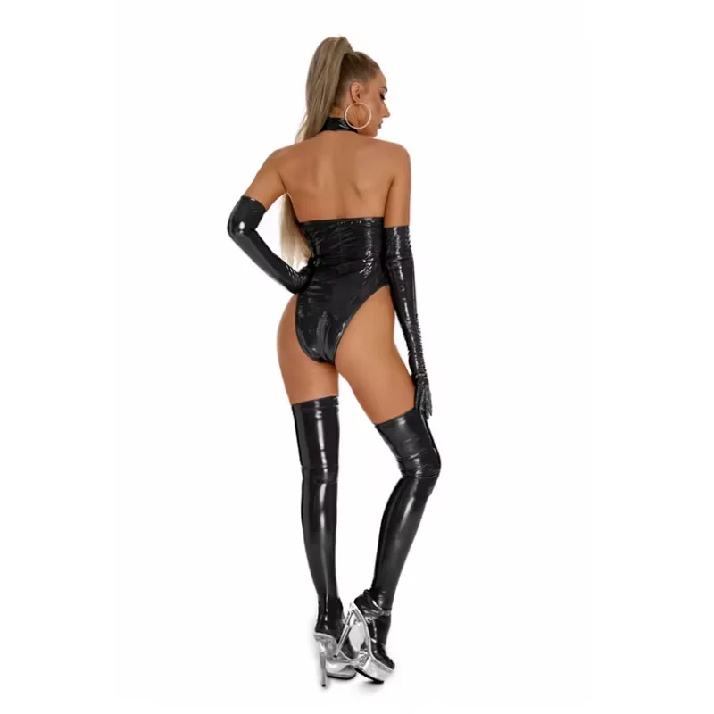 Cordão de couro do plutônio sexy macacão feminino zíper aberto virilha magro bodysuits moda espartilho streetwear playsuits