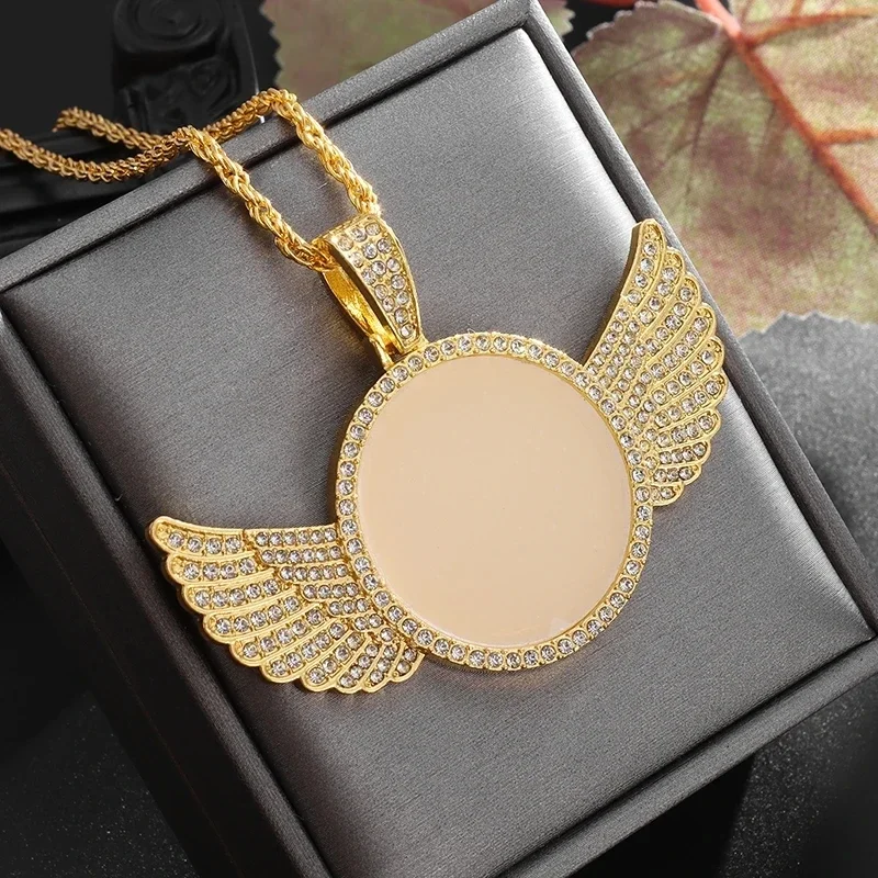 Fashion Memory Angel Wings Mirror Ice Crystal Zirconia Photo Memorial Necklace Couple Hip Hop Jewelry Birthday Gift