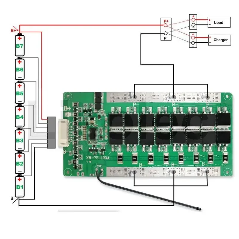 Placa de proteção múltipla com equilíbrio, descarga de carga NTC, 24V 25.9V Terminal, bateria de lítio, BMS 7S, 200A a 15A