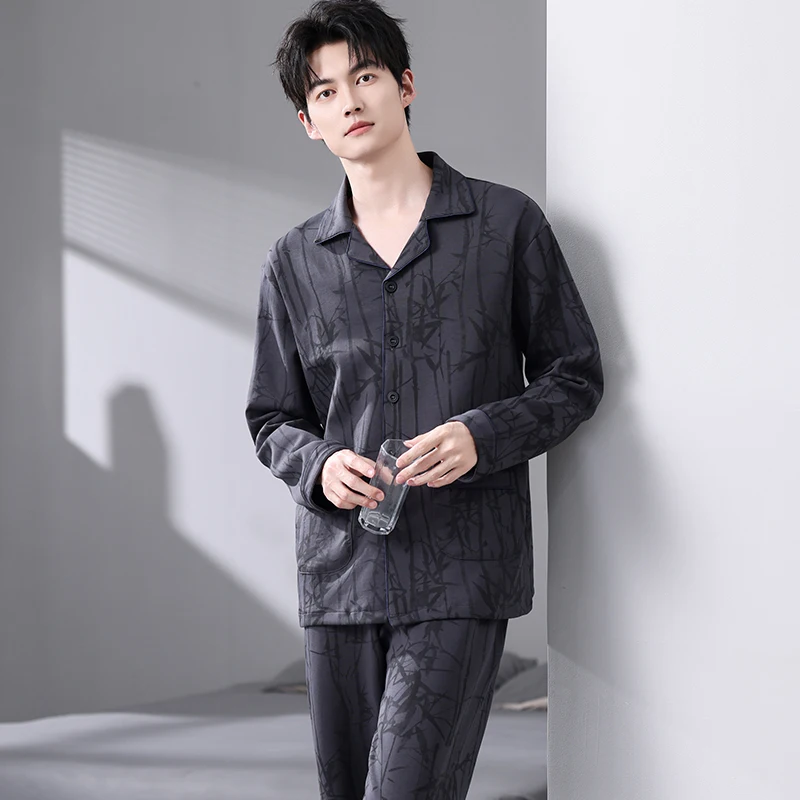 Pajamas Set Male Cotton Fashion Print Men Long Sleeve Long Pants Cardigan Sleepwear Suit Spring Autumn Home Clothes Lounge Gifts