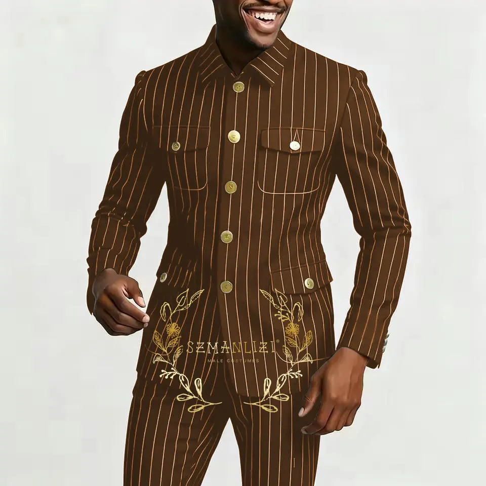 بدلة رجالية سوداء مقلمة مكونة من قطعتين بدلة كلاسيكية ضيقة وسترة سهرة وسراويل غير رسمية بياقة واقفة لحفلات الزفاف وحفلات التخرج