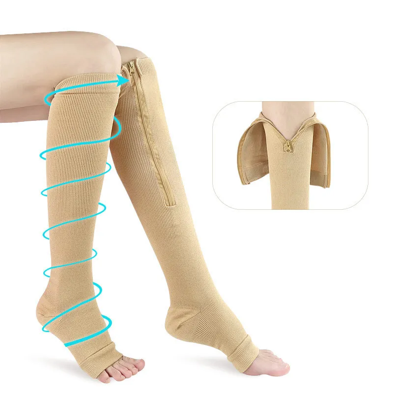 Flesh Color Sports Compression Zipper Socks Vein Stretch Socks