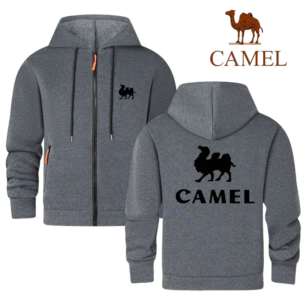 CAMEL brand men's casual sportswear, autumn and winter zipper cardigan, printed wool jacket, warm hoodie