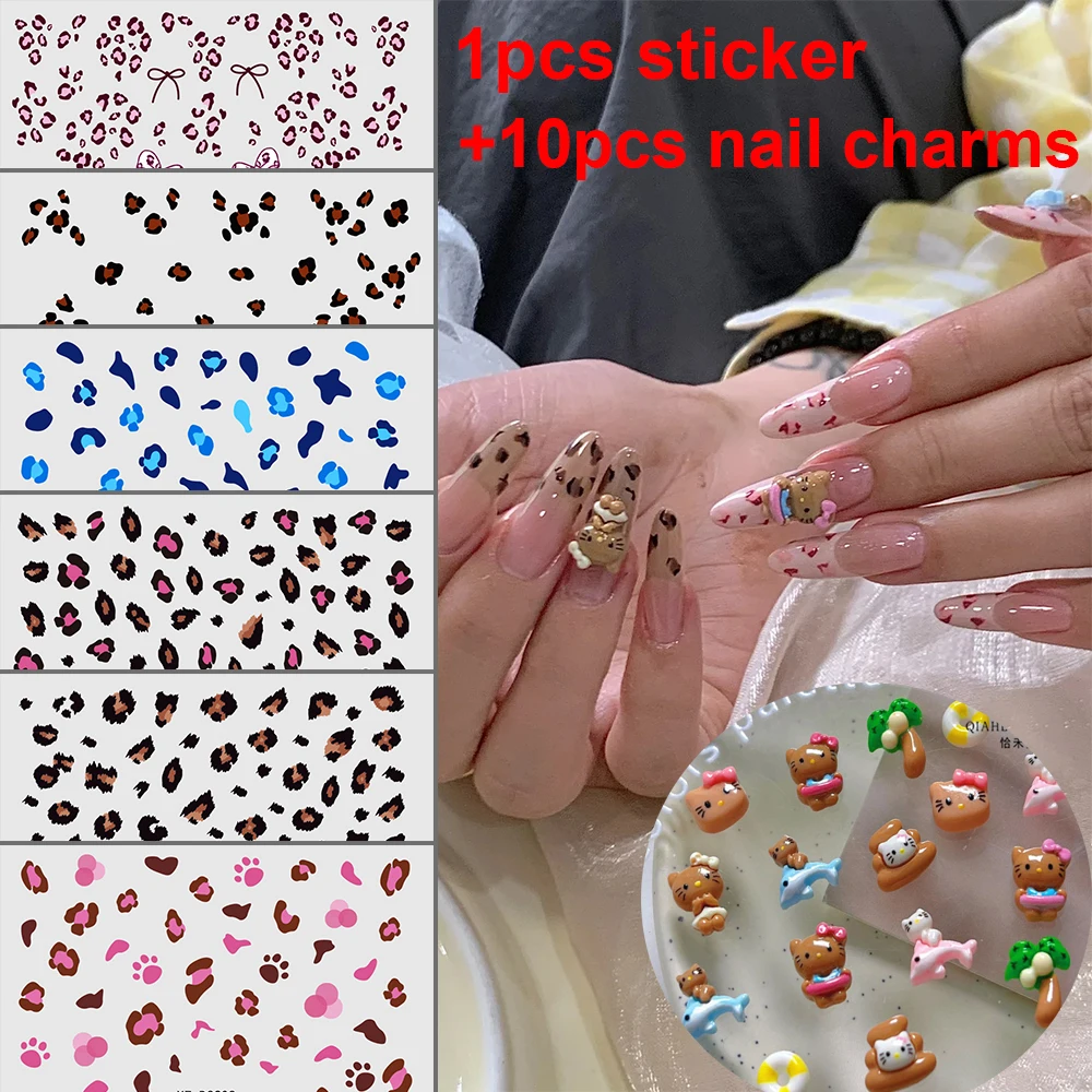 1pcs Leopard Sticker+10pcs Hello Kitty Y2K Nail Art Charms Black Skin Kitty Resin Nail Parts Pink/Blue Leopard Manicure Decorati