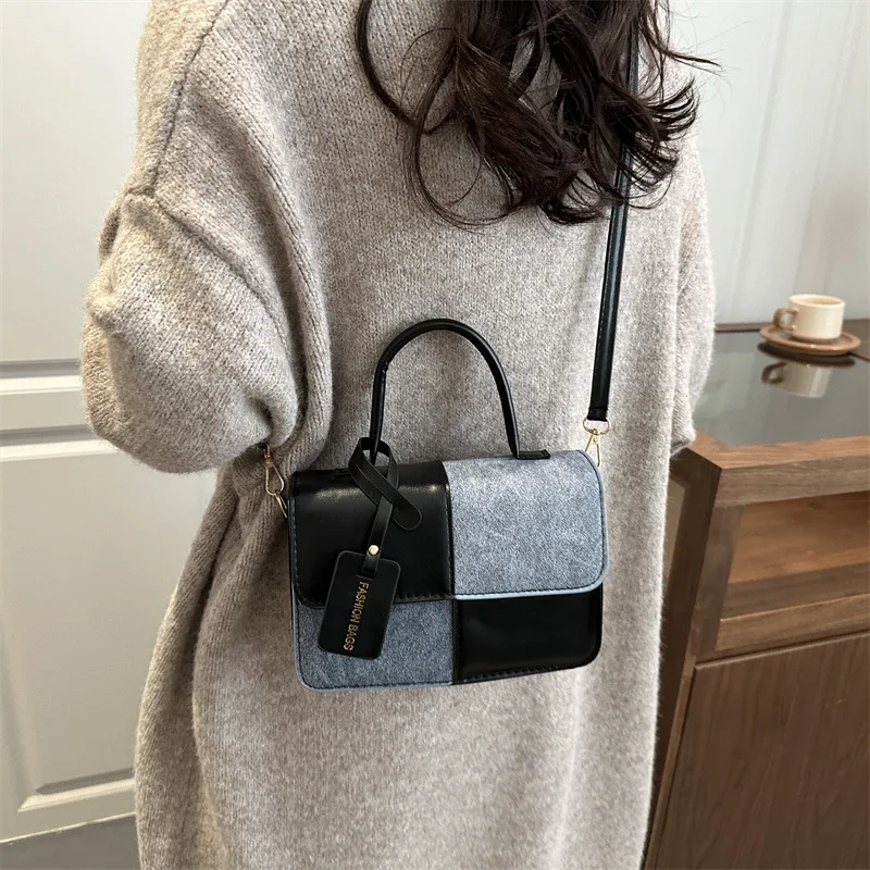 Color‑Block Patchwork Flap Handbag Top‑Handle Women Crossbody Purse with Removable Shoulder Strap