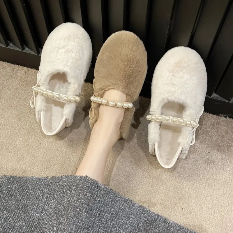 Pearl white woolen shoes for women in autumn and winter soft soled cotton shoes2024 winter new fashion round toe women's shoes